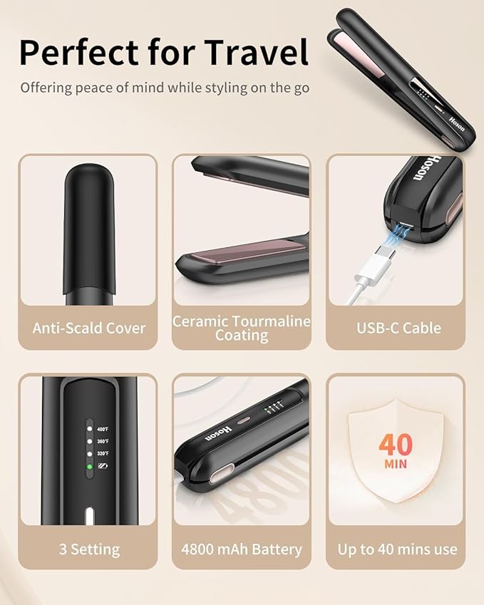 Cordless Flat Iron,Portable Mini Hair Straightener Travel for Bangs,Short Hair, Rechargeable Curling Iron for Touch Ups (Black)