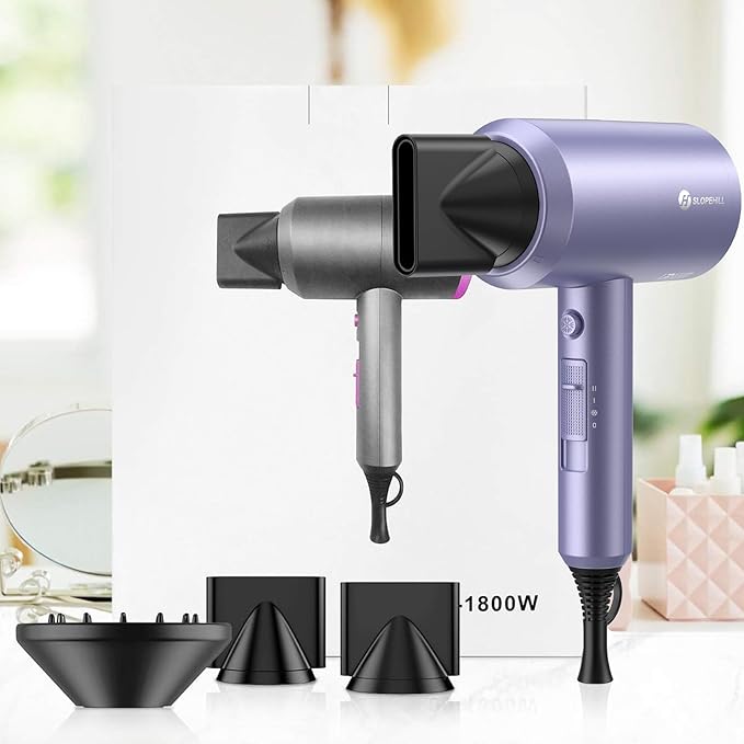 slopehill Professional Ionic Hair Dryer, Powerful 1800W Fast Drying Low Noise Blow Dryer with 2 Concentrator Nozzle 1 Diffuser Attachments for Home Salon Travel (Lavender)