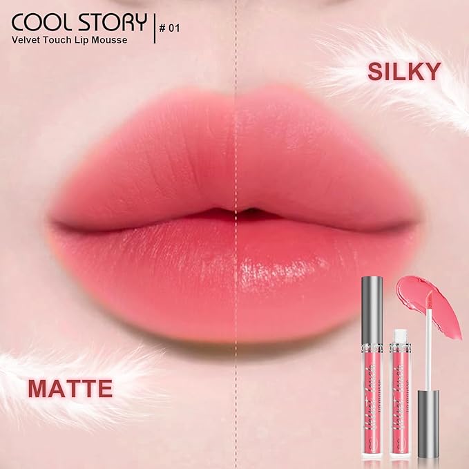 COOL STORY Velvet Lip Stain Mousse, Lip Tint Long-Lasting Waterproof Matte Finish (01)