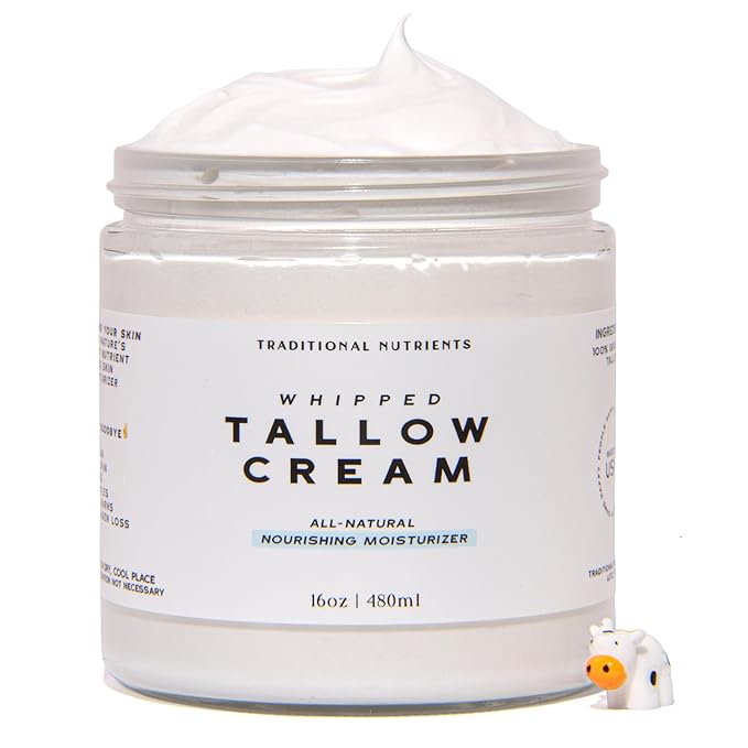 Whipped Tallow Skin Cream GRASS FED + Plain, No Additives, Tallow Face Cream, Tallow Lotion, Glass Jar, Tallow Balm, Beef Tallow Moisturizer (16 oz.)