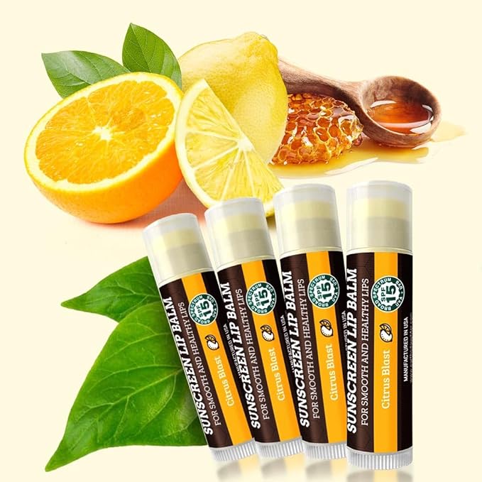 Earth's Daughter SPF Lip Balm 4-Pack Citrus Flavor Stocking Stuffers - Lip Sunscreen, SPF 15, Organic Ingredients, Beeswax, Coconut Oil, Vitamin E - Hypoallergenic, Paraben Free, Gluten Free