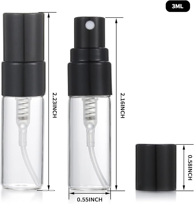 20Pcs 3ml Empty Clear Glass Mist Spray Bottle Refillable Mini Perfume Atomizer Travel Sample Bottle with Black Aluminized Nozzle Makeup Container for Perfume (3ml Black Caps)