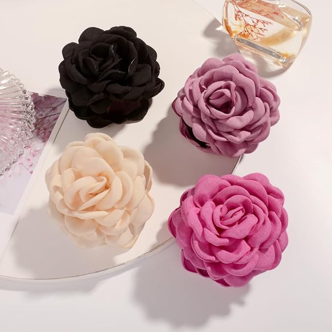 4pcs Handmade Fabric Rose Flower Hair Claw Clip for Women Girls, 3.94" Large Boho Hawaiian Floral Hairpins Barrettes for Thick Thin Hair Styling Accessories(Pink Purple)