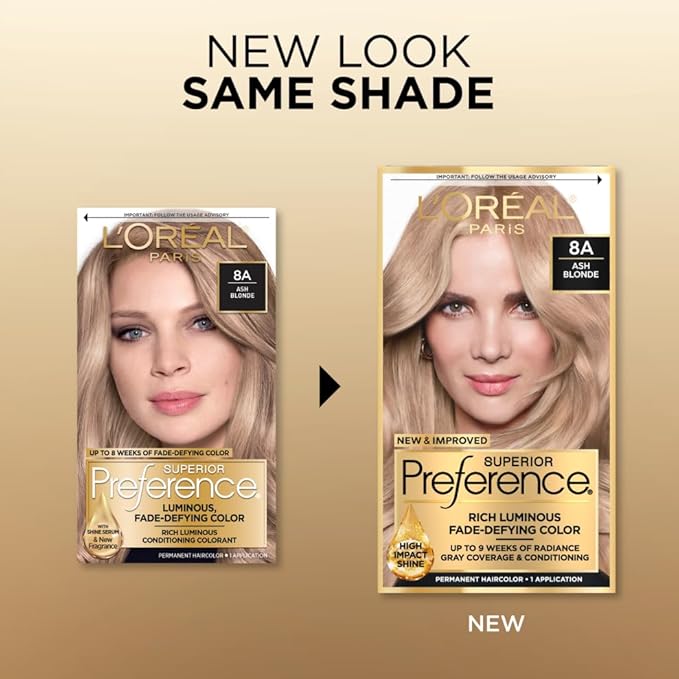 L'Oreal Paris Superior Preference Luminous Fade-Defying Permanent Hair Color, Hair Dye For Up to 9 Weeks of Radiance, Ash Blonde 8A, 1 Hair Dye Kit