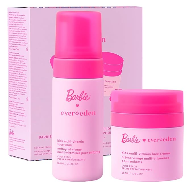 Evereden Barbie Limited Edition Kids Happy Face Duo + Exclusive Accessories | Multi-Vitamin Face Wash & Cream Set with Stickers + Bracelets | Clean Skin Care for 3+ | Barbie Gift Box for Kids