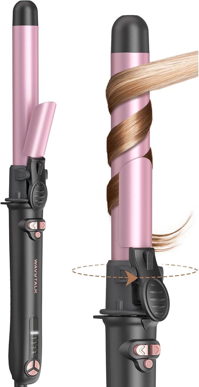 Wavytalk Rotating Curling Iron, Curl Cycle, 1 Inch Automatic Curling Wand for Long Hair, Get Effortless Curls with Self Spinning Barrel up to 430°F with Home Button, Dual Voltage, Rose Gold