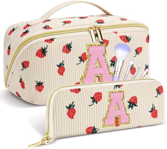 Personalized Travel Makeup Bag Set,Initial Travel Strawberry Makeup Organizer Bag,Toiletry Skincare Cosmetic Bag, Valentine's Day Gifts for Women/Girls/Teen,Open Flat Toiletry Pouch with Brush Bag