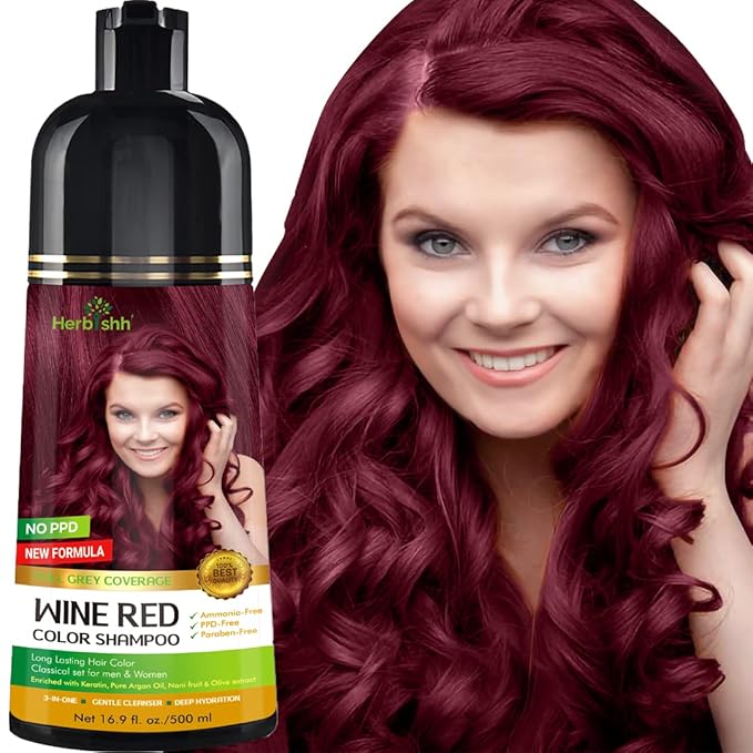 Herbishh Hair Color Shampoo - Magic Dye for Gray Hair, Long Lasting Color in Minutes, 3-In-1, Ammonia-Free, 500 Ml (Wine Red)