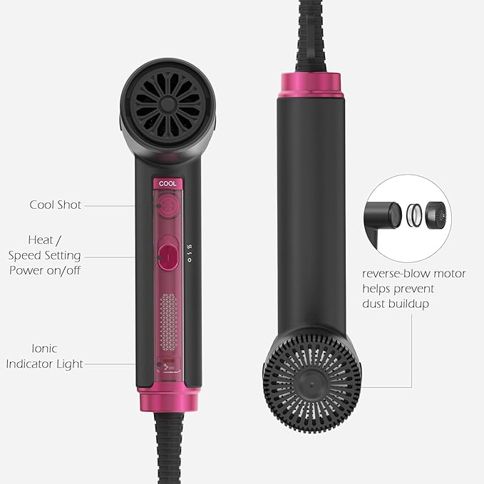 TOME Hair Dryer with Diffuser 1875W High Speed Blow Dryer Ionic 110000 RPM Cool Shot Lock 1 inch Air Curling Wands Nozzle Light Weight Hot Pink