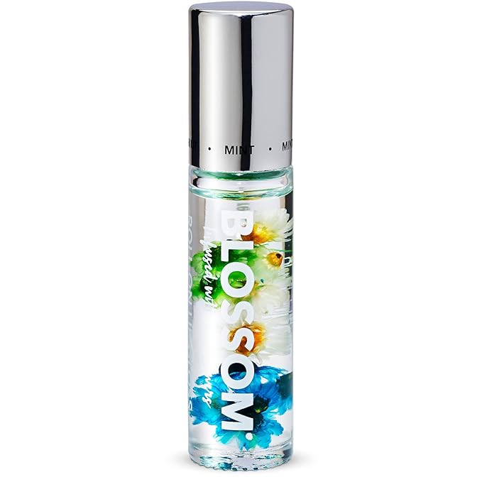 Blossom Roll on Lip Gloss, Scented Clear High Shine Moisturizing Lip Oil, Non Sticky, Infused with Real Flowers, Made in USA, 0.2oz, Mint