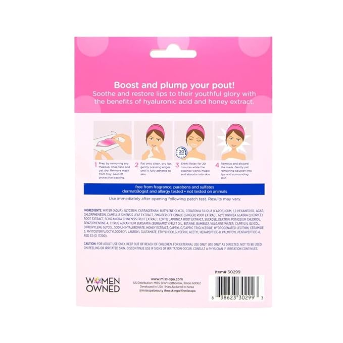 MISS SPA Lip Mask, Hydrate Boost Hydrogel Pink Lip Mask, Sooth Restore Lips, Lip Plumper, Moisturizing And Reducing Fine Lines, Anti-Aging Face Mask Skin Care, Nourishing Honey Lip Patches 4 Pack