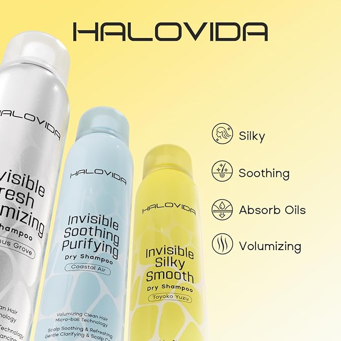 HALOVIDA Dry Shampoo Pack of 3, Dry Scalp Shampoo Spray for Dark Hair Leaves No White Residue, Absorb Oils, Volumizing & Refresh Hair for 72 Hours, 5.07 Fl Oz (Osmanthus Grove+Toyoko Yuzu+Coastal Air)