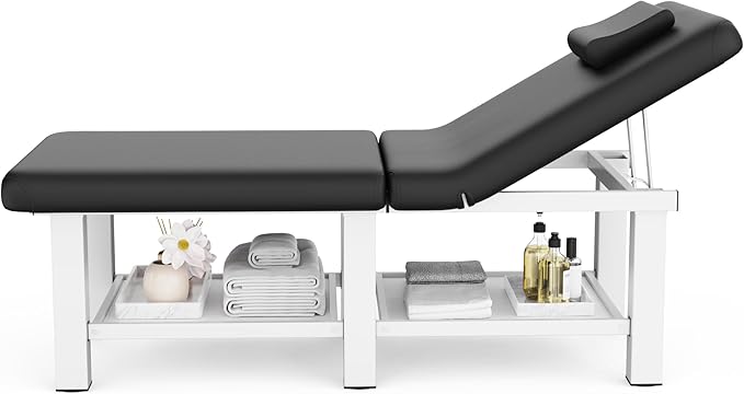 30.5'' Wide × 75'' Long Folding Stationary Massage Table with Backrest and Storage Space for Treatment Table Physical Therapy Table Spa Facial Bed, 6 Square legs, Metal Frame PU Leather - Black