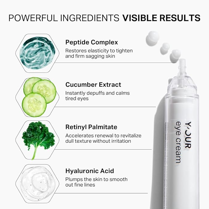 Y’OUR Retinol & Peptide Complex Eye Cream: Anti-Aging for Dark Circles, Puffiness, Wrinkles & Crow’s Feet; Hydrating & Under Eye Repair. Made in USA