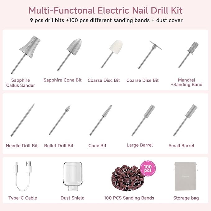 Professional Cordless Electric Nail File Set, 360 LED Light Drill Machine With LCD Display, 10 Speeds Rechargeable for Gel and Thick Toe Nails, Manicure Pedicure Kit, Christmas Gifts
