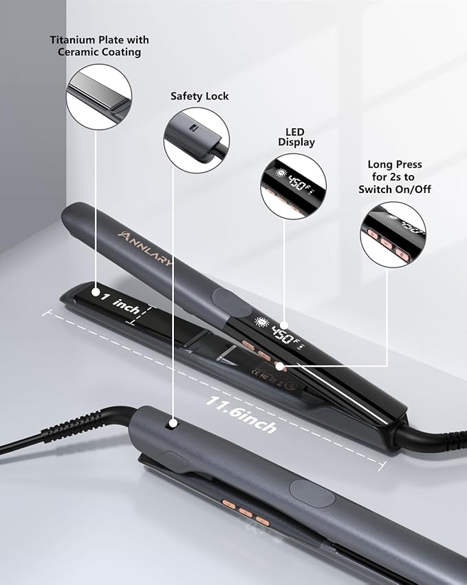 Hair Straightener 1 Inch Flat Iron and Curler 2 in 1 Titanium Ceramic Ionic Dual Voltage Straightener with Heat-Resistant Silicone, for Less Frizz, Shinier & Smoother