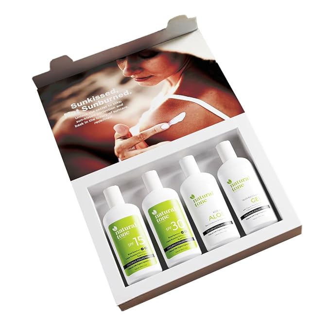 Natural Tone Organic Skincare Suncare Essentials Travel Pack in 59ml Bottles | SPF 30 & 15 Sunscreen, Rosehip Aloe Lotion, Recovery Gel | TSA-Friendly, Reef-Safe, Vegan