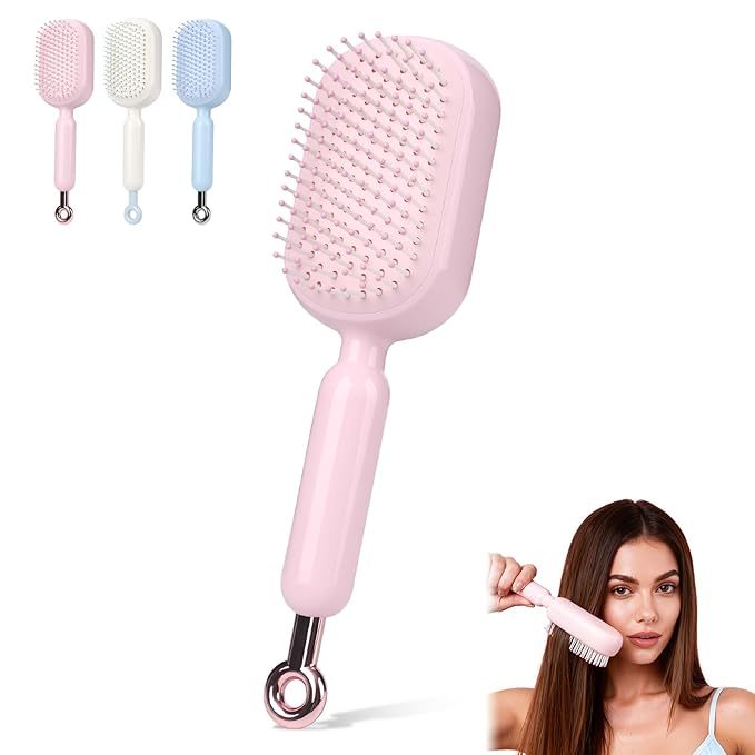 Retractable Cushion Massage Comb Brush, Anti-Static Easy-Clean Massage Comb,Air Cushion Massage comb,Smooth Clean Detangling Comb for All Hair Types(Pink)