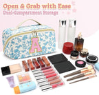 Personalized Travel Makeup Bag Set,Initial Travel Cute Floral Makeup Organizer Bag,Toiletry Skincare Cosmetic Bag, Valentine’s Day Gifts for Women/Girls,Open Flat Toiletry Pouch with Brush Pocket-S
