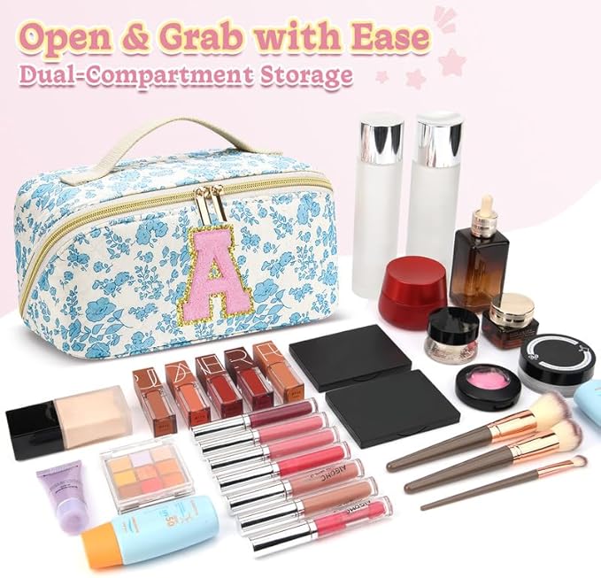 Personalized Travel Makeup Bag Set,Initial Travel Cute Floral Makeup Organizer Bag,Toiletry Skincare Cosmetic Bag, Valentine’s Day Gifts for Women/Girls,Open Flat Toiletry Pouch with Brush Pocket-S