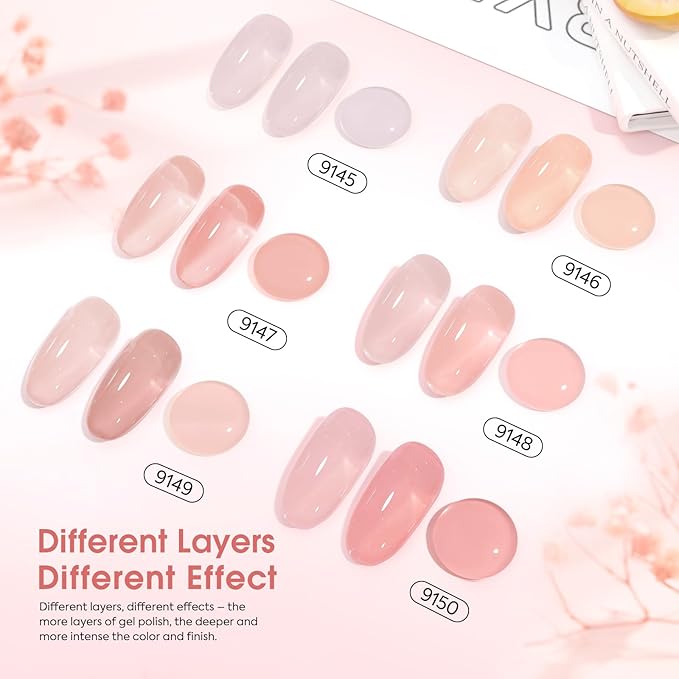 CANNI 6 Colors 9 Ml Jelly Gel Nail Polish Set- Neutral Transparent Jelly Nude Pink Colors Sheer Gel Polish Kit, Soak Off LED Nail Gel Manicure Kit DIY at Home Salon Gifts