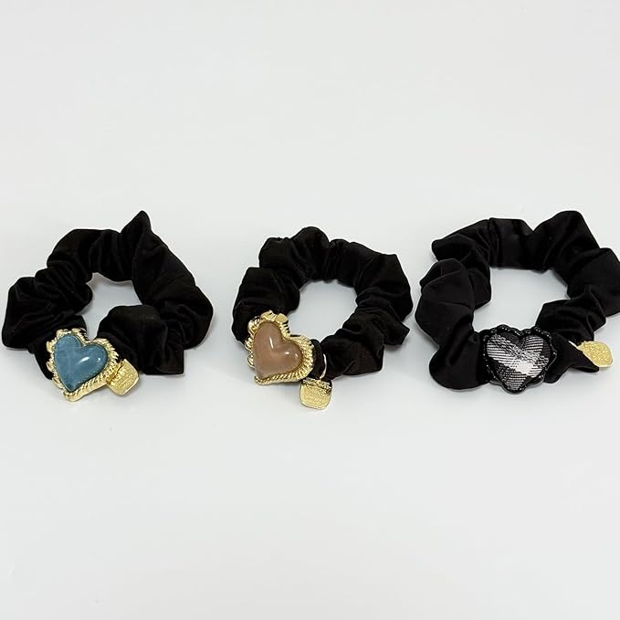 Silk Scrunchies Hair Ties 3Packs – Super Soft Thin Hair Scrunchies, Gentle on Hair, Heart Decorated Hair Accessories for Women