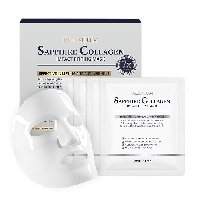 WELLDERMA Sapphire Collagen Impact Hydrogel Fitting Mask, 25g x 4 Sheets – Hydrating & Firming Micro-Hole Sheet Mask with Collagen Water 850,294ppm, Niacinamide & Peptides