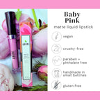 Aromi Baby Pink Matte Liquid Lipstick - Light Pink Lip Color for Women, Long-lasting, Velvety Finish, Waterproof, Vegan, Handmade (Baby Pink)