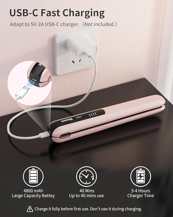 Cordless Flat Iron,Portable Mini Hair Straightener Travel for Bangs,Short Hair, Rechargeable Curling Iron for Touch Ups (Pink)