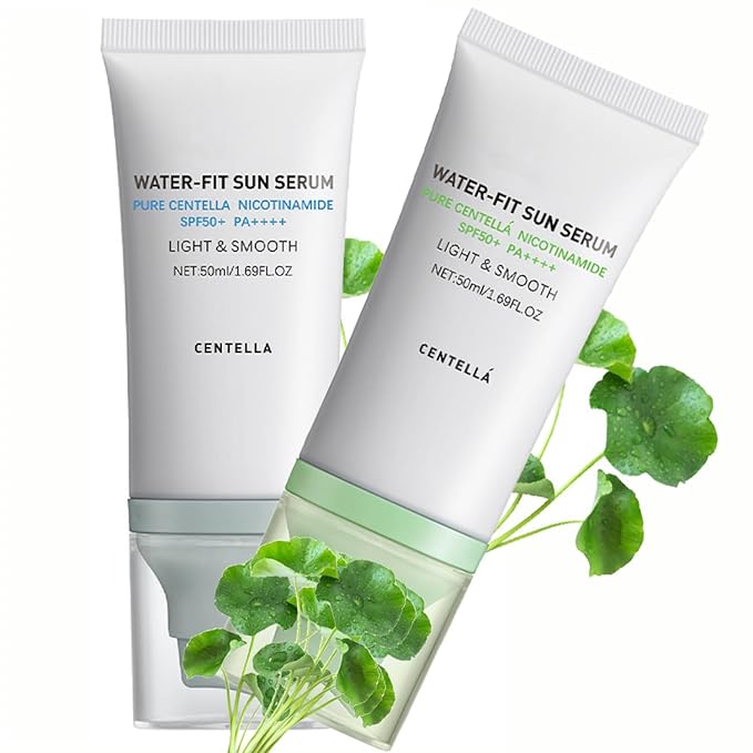 2 Pcs Centella Sunscreen, Lasting Lightweight Hydrating Centella Water-Fit Sun Serum SPF50 for All Skin Type and UV Defense.(Blue & Green)