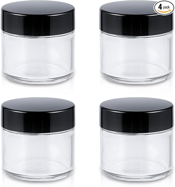 2oz Jars with Lids, HOA Kinh 4 Pack Clear Glass Jars Empty Cosmetic Containers Round Airtight Glass Jar with Inner Liners and black Lids for Storing Lotions, Powders, and Ointmentss