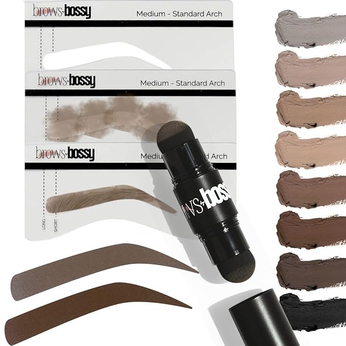 Brows by Bossy Dual-Color Eyebrow Stamp Stencil Kit with 9 Reusable Eyebrow Stencils for Professional Brow Stamping Shaping Kit and Instant Long Lasting Filling and Waterproof Tinting Definer