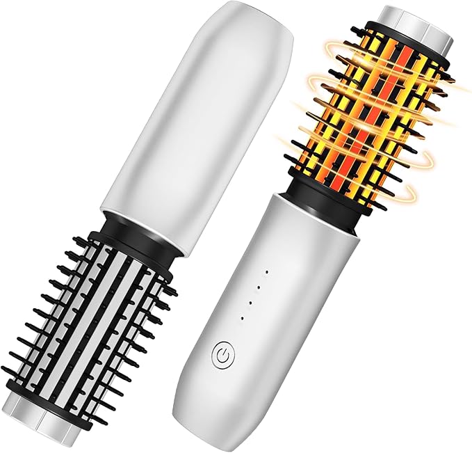 Cordless Curling Iron Brush,1.5-inch Mini Travel Curling Iron,3-in-1 Portable Heated Round Straightening Brush,Rechargeable Curlings Irons,for Curls,Straightening,De-frizzing and Styling,White