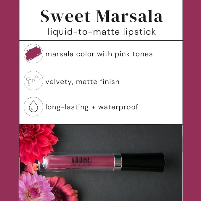 Aromi Matte Liquid Lipstick | Rose Burgundy, Pink Maroon Lip Color, Long Lasting, Waterproof, Long Wear, Smudge Proof, Vegan Makeup (Sweet Marsala)