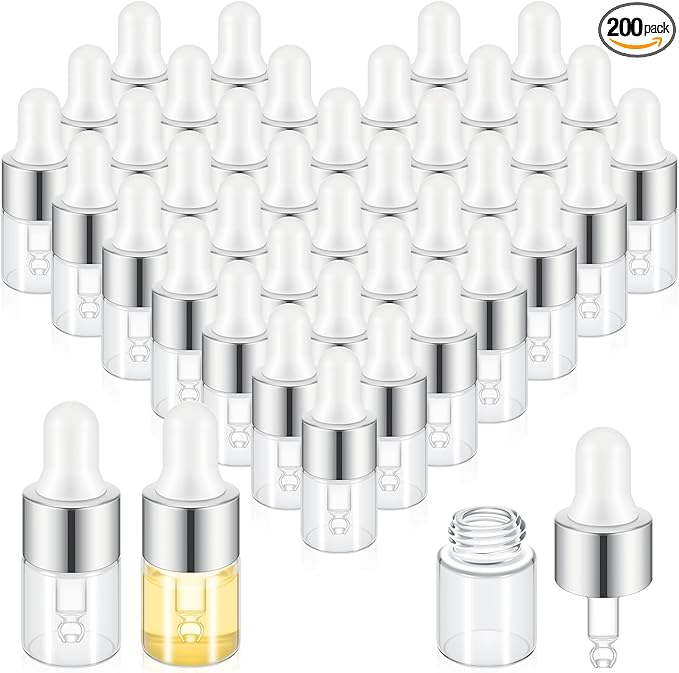200 Pcs Mini Glass Oil Dropper Bottle Bulk, Clear Essential Small Empty Bottles Sample Containers Perfume Liquid Vials with Cap for Traveling (2 ml,Silver)