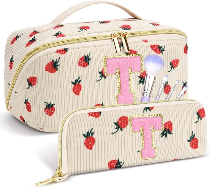Personalized Travel Makeup Bag Set,Initial Travel Strawberry Makeup Organizer Bag,Toiletry Skincare Cosmetic Bag, Valentine's Day Gifts for Women/Girls/Teen,Open Flat Toiletry Pouch with Brush Bag