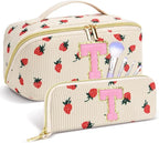Personalized Travel Makeup Bag Set,Initial Travel Strawberry Makeup Organizer Bag,Toiletry Skincare Cosmetic Bag, Valentine's Day Gifts for Women/Girls/Teen,Open Flat Toiletry Pouch with Brush Bag