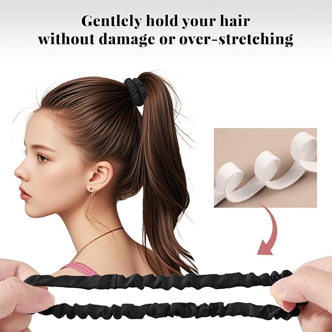 4Pcs Satin Silk Scrunchies for Women, Satin Hair Ties No Damage 2 Big & 2 Small, Soft Non-Slip Scrunchie (Fashion Black & Pink)