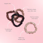 SILKIE x4 Set - Forget Satin - 100% Pure Mulberry Silk Black Brown Skinny Scrunchies Travel Pouch Everyday Hair Ties Elastics Hair Care Ponytail Holder No Damage (Chocolate)