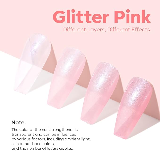 modelones Nail Strengthener Glitter Pink Nail Polish Nail Repair for Damaged Nails Hardener and Growth Polish Nail Care Gifts for Women Nail Strengthening Polish 15ml