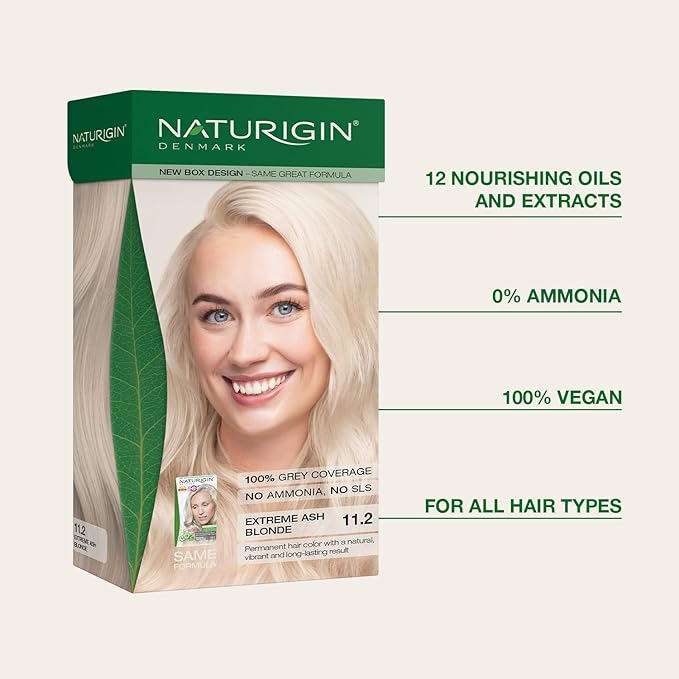 Naturigin Permanent Hair Color, 11.2 Extreme Ash Blonde, Ammonia Free, 100% Gray Coverage, Nourishing Natural Formula, For All Hair Types, Long-Lasting, Vegan & Cruelty-Free, 1 Pack