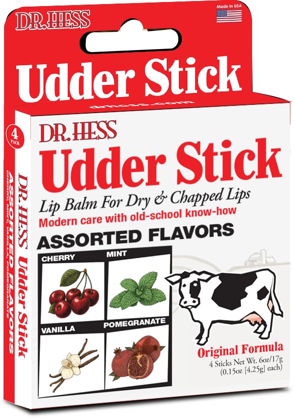 Dr. Hess Original Udder Stick SPF Lip Balm, Soothing Moisturizer Sun Screen Balm for Dry Lips with Jojoba, Beeswax & Shea Butter, Total Lip Care, Hydration & Repair, Assorted Flavors (PMVC), 4 Pack
