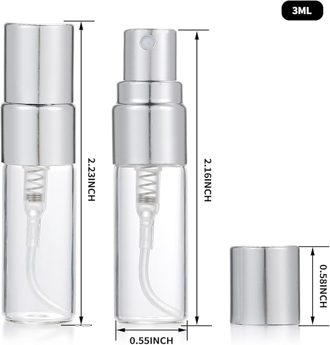 20Pcs 3ml Empty Clear Glass Mist Spray Bottle Refillable Mini Perfume Atomizer Travel Sample Bottle with Silver Aluminized Nozzle Makeup Container for Perfume (3ml Silver Caps)