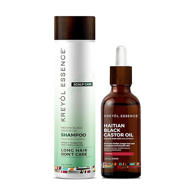 Kreyol Essence Growth Duo - Haitian Black Castor Oil Original 2 Oz + Scalp Care Shampoo with Rosemary Mint and Haitian Black Castor Oil (Oz