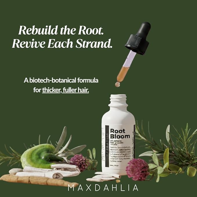 MAXDAHLIA Root Bloom All-Natural Hair Growth Serum with Ashwagandha, Rosemary, Castor Oil, White Willow Bark, Green Coffee Oils for Hair Restoration and Hair Growth