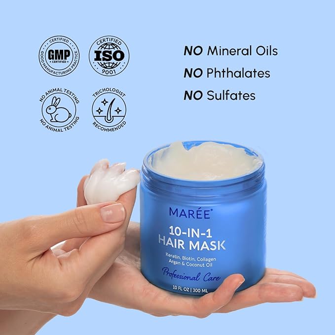 MAREE Deep Conditioning 10-In-1 Hair Mask for All Hair Types – Keratin Hair Treatment with Biotin, Natural Oils & Vitamins for Hair Care, Repair & Hydration – Tratamiento Mascarilla Para Cabello
