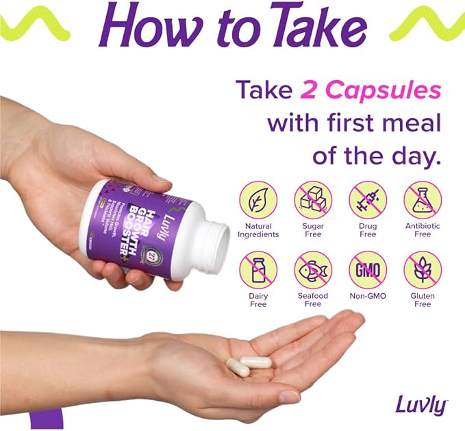 Luvly Hair Growth Booster+ Natural Hair Growth Vitamins for Women with Thinning Hair - Biotin & Vitamin Supplements with Plant Based Complex for Thickening, Longer, Stronger Hair Skin Nails - Non-GMO