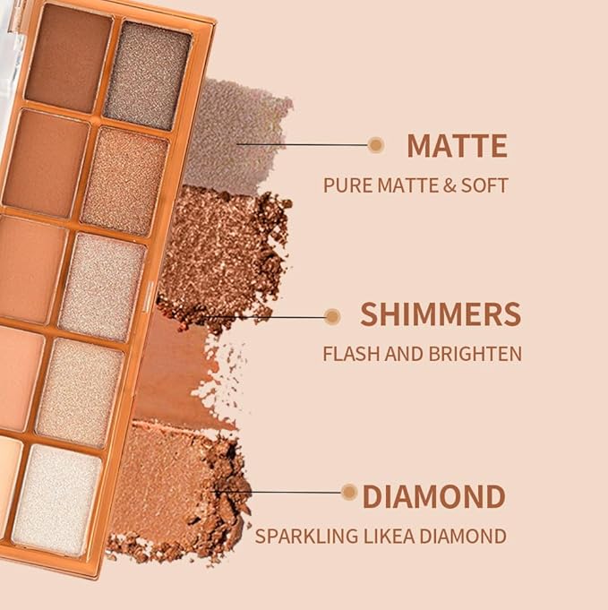 Neutral Nude Brown Eyeshadow Palette – 10 Matte & Shimmer Eye Shadows, High Pigment, Waterproof & Blendable. Long-Lasting Neutral Eye Makeup for Daily Natural Looks, Beginners & Mature Women.