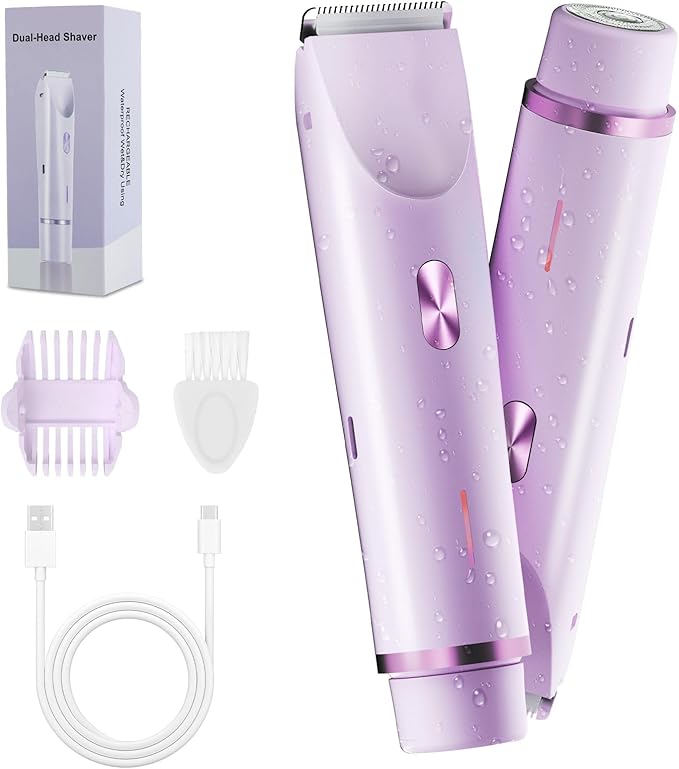 2-in-1 Bikini Trimmer for Women, Bikini Shaver with Dual Heads, Body and Facial Hair Removal, Rechargeable Cordless Electric Razors for Face Chin Pubic Underarm Legs, IPX7 Waterproof, Purple