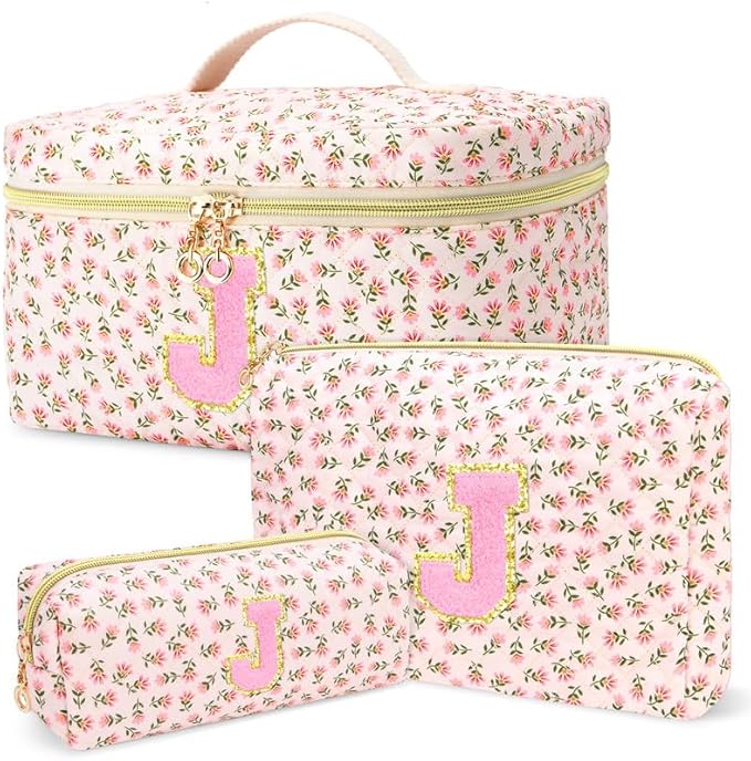 3 PCS Travel Makeup Bag Set, A–Z Initials Cotton Quilted Cosmetic Bag for Women & Preppy, Personalized Toiletry Bag Travel Accessories Makeup Brushes Organizer, Valentine’s Day & Birthday Gift for Her